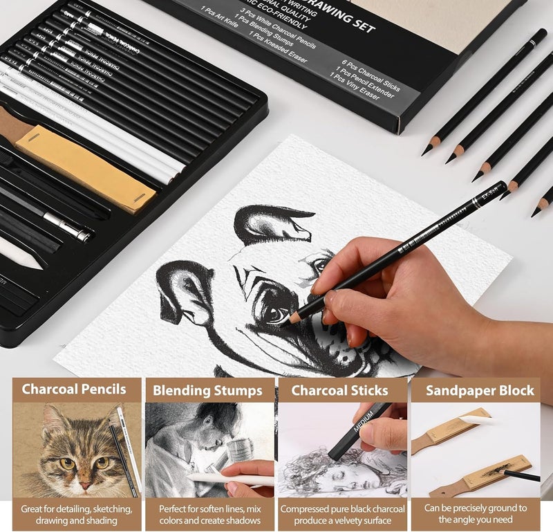 GETHPEN 27 Piece Charcoal Drawing Set - Professional Black & White Charcoal Pencils for Sketching, Shading & Blending, Graphite Sticks with Artist Art Supplies Kit (Beginners & Professionals) - Image 4
